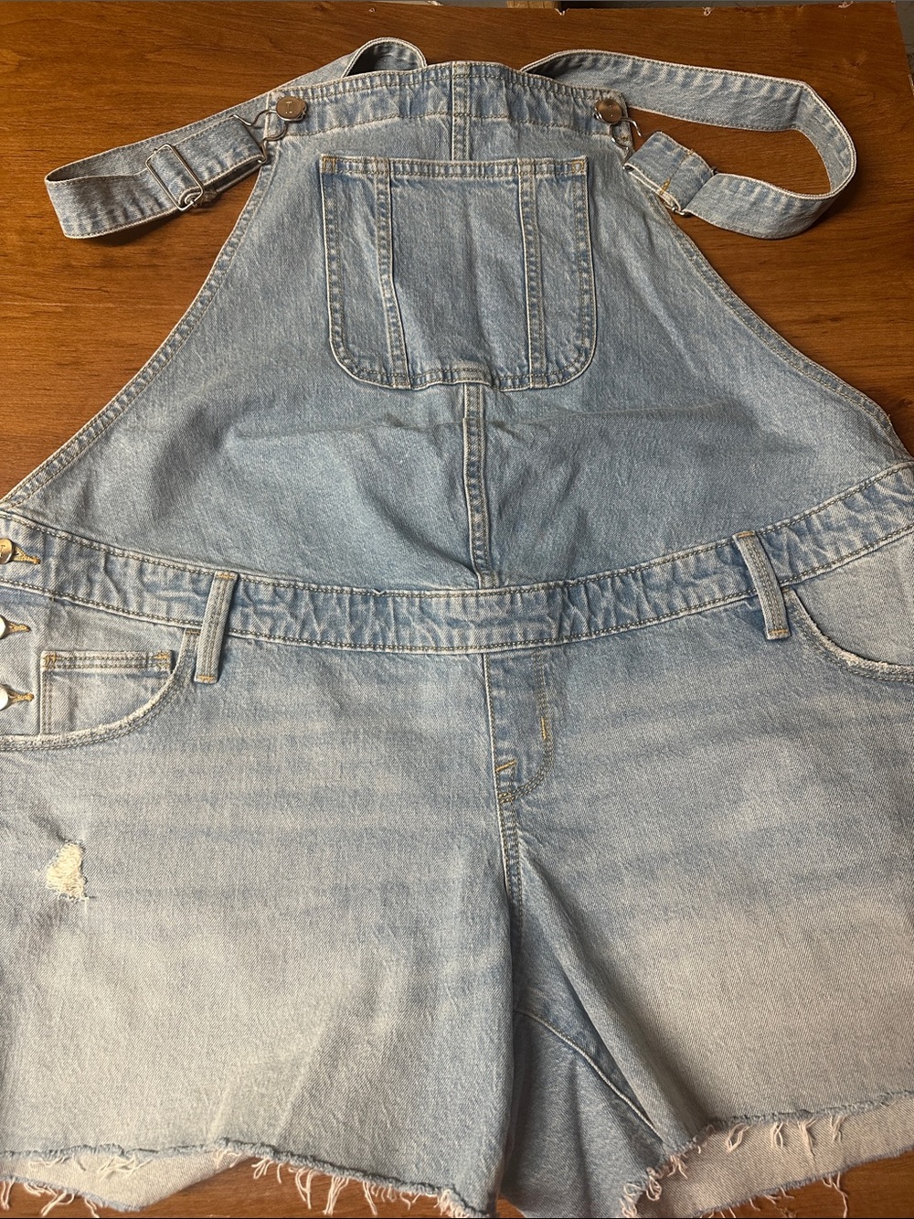 Maternity Light Wash Denim Short Overalls - Women